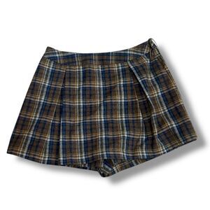 NWT Sage The Label Brown Navy Plaid Pleated Wrap Skort Size Small